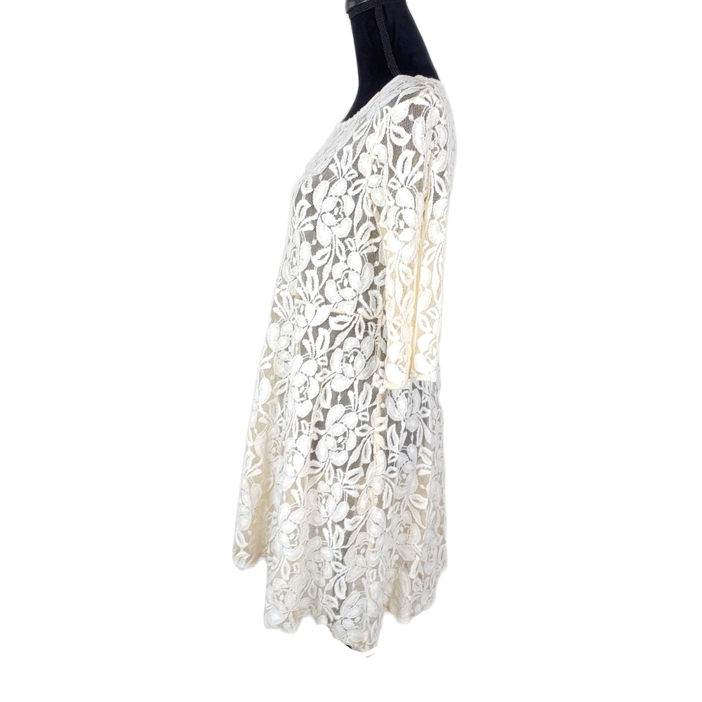 Free People EUC Wmn M Ivory Lace Overlay 3/4 Sleeves Skater Dress - Picture 5 of 6